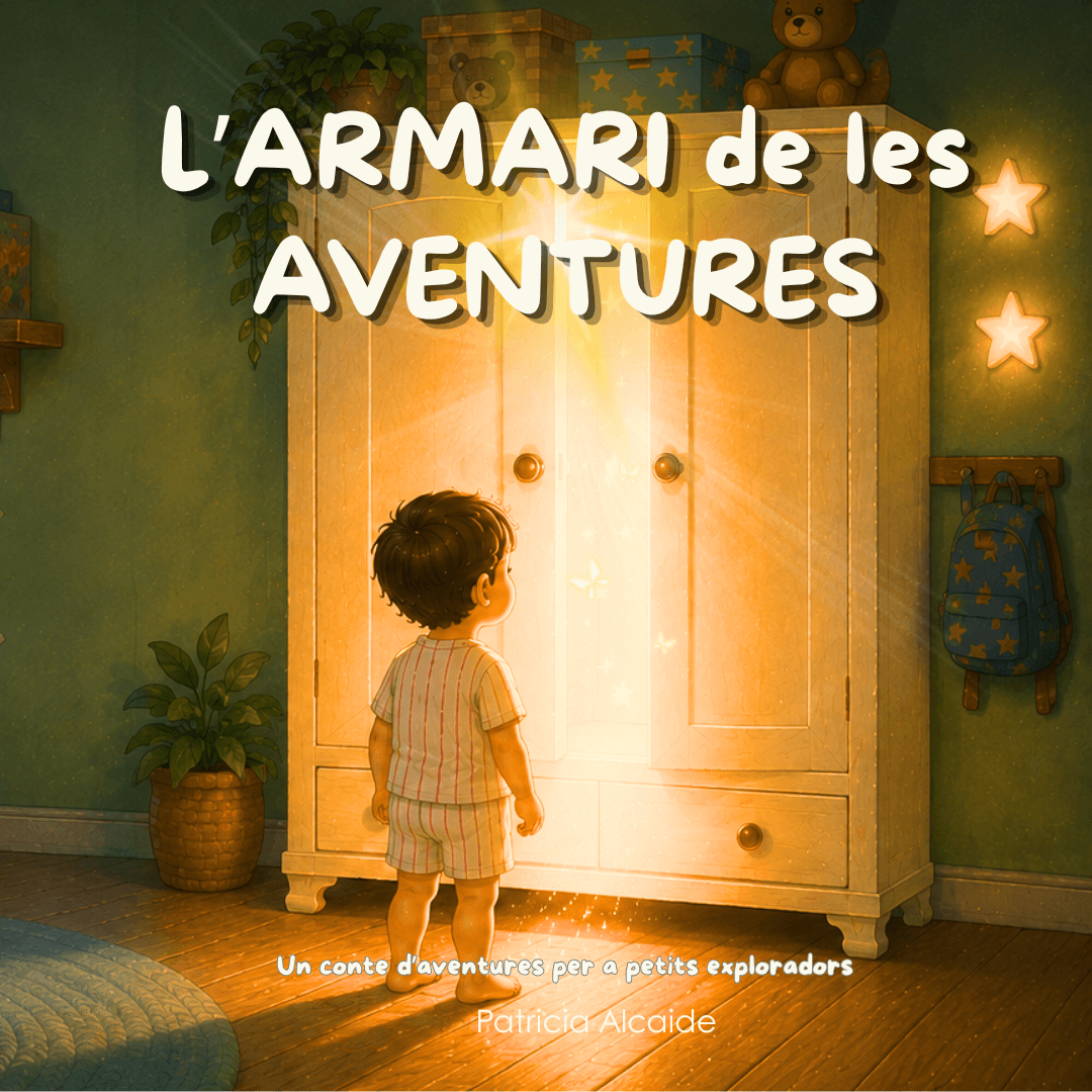 Portada original del libro L’Armari de les Aventures, con el título y el nombre de Patricia Alcaide.