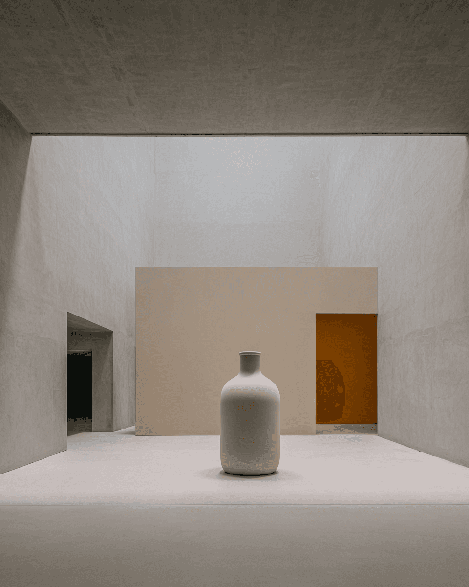 Una botella representada a escala monumental dentro de un espacio arquitectónico.