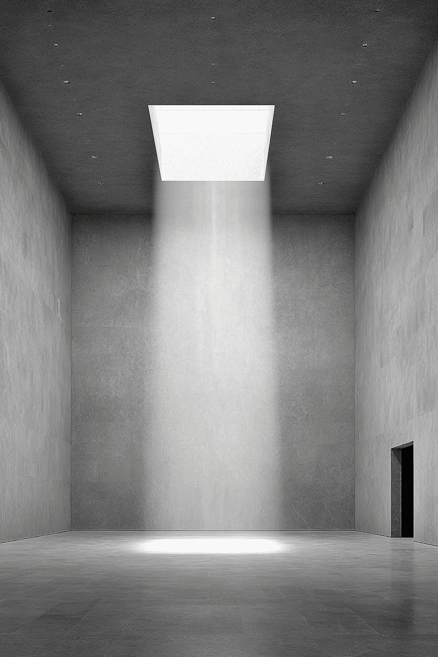 Un espacio museístico vacío atravesado por un haz de luz.