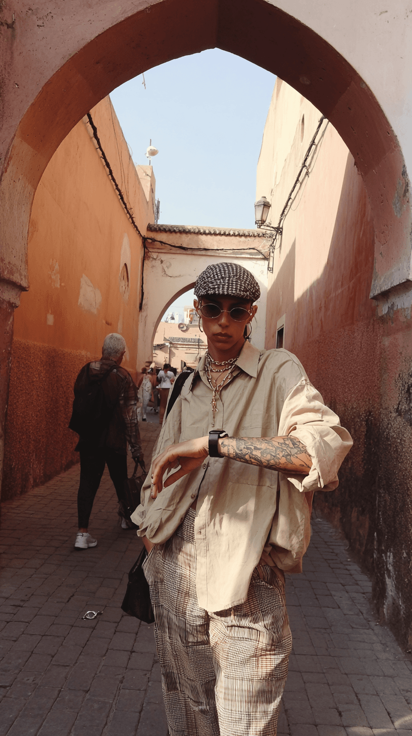 Una persona camina por un pasaje de arquitectura tradicional en Marrakech.