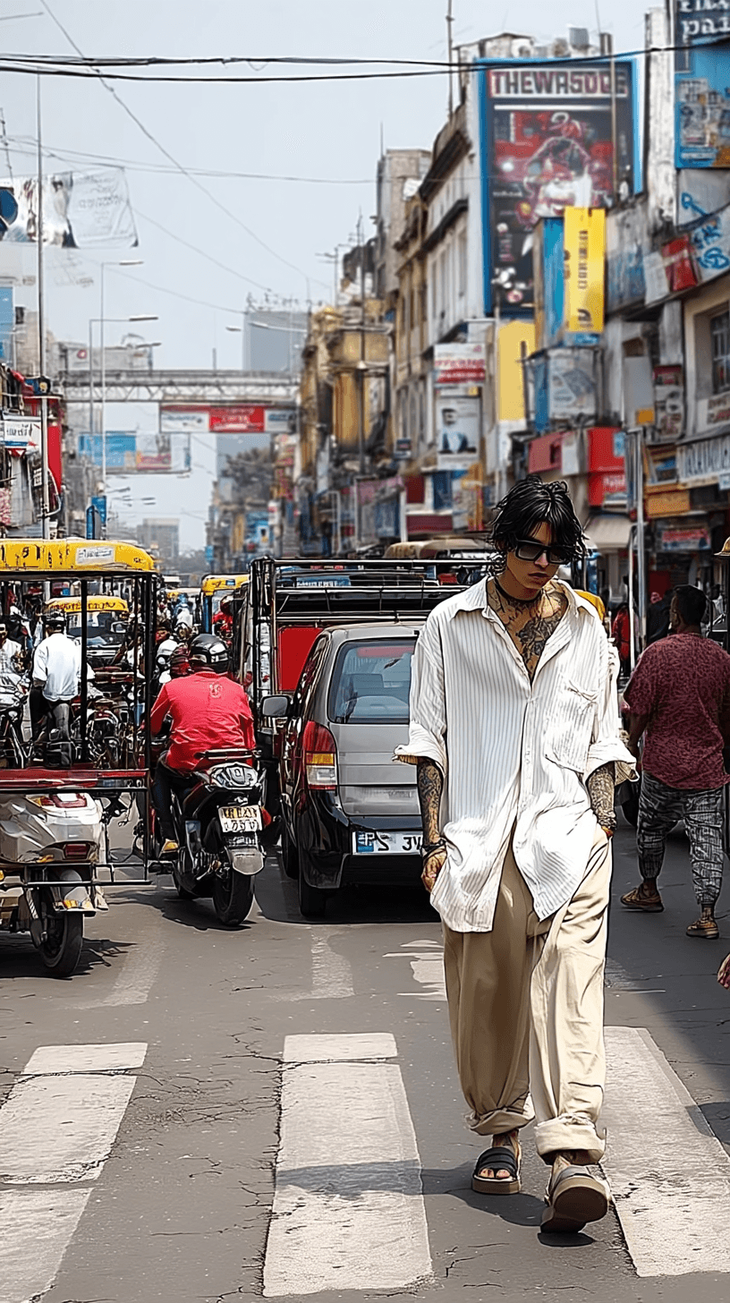 Una persona camina por una calle concurrida de Nueva Delhi.