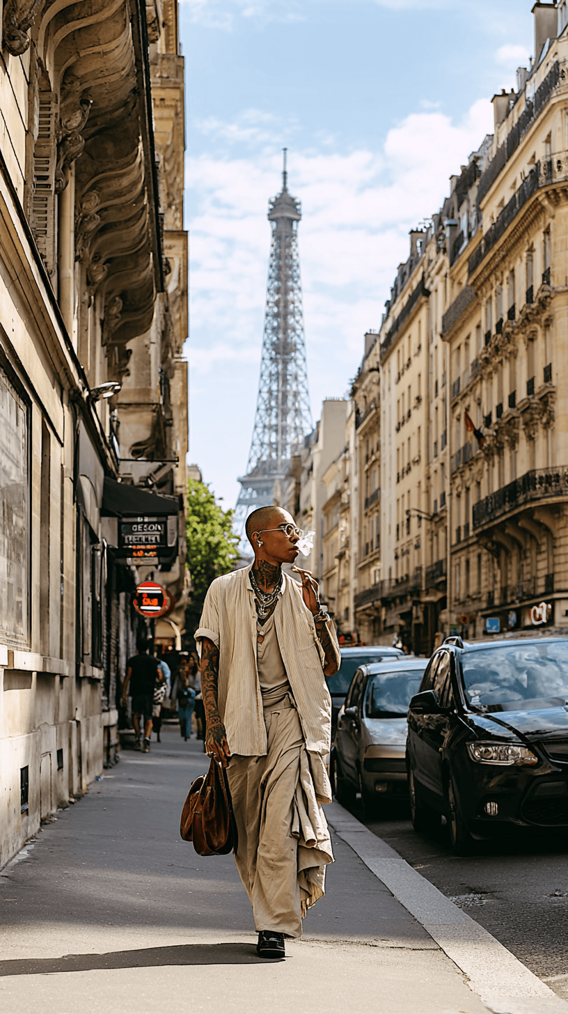 Una persona con prendas de tonos neutros recorre una calle de París.