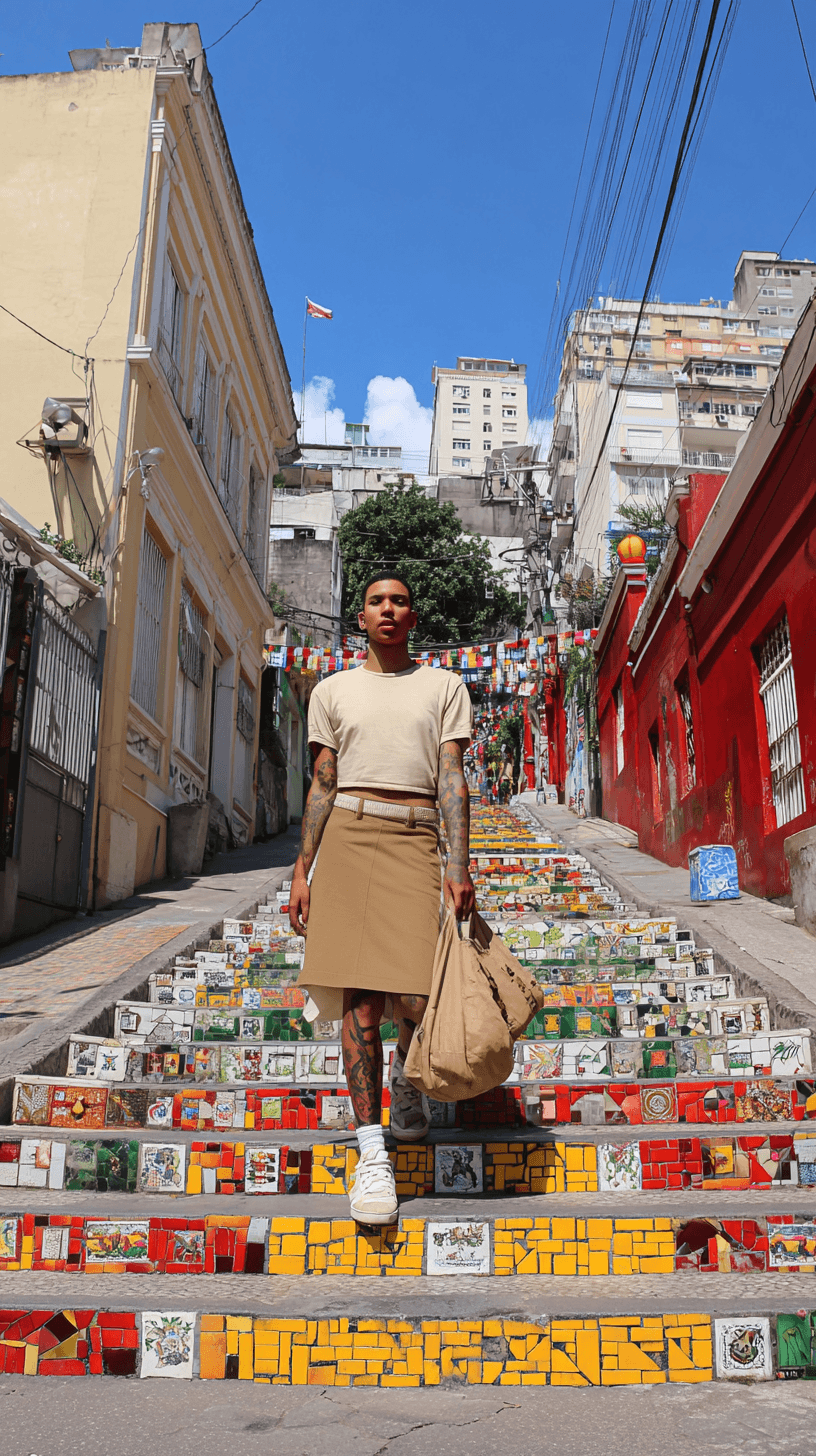 Una persona recorre una escalera urbana de mosaico en Río de Janeiro.