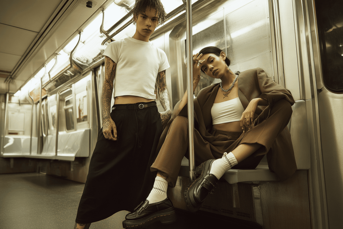 Dos personas con prendas de tonos neutros comparten un momento en el interior de un vagón de metro.